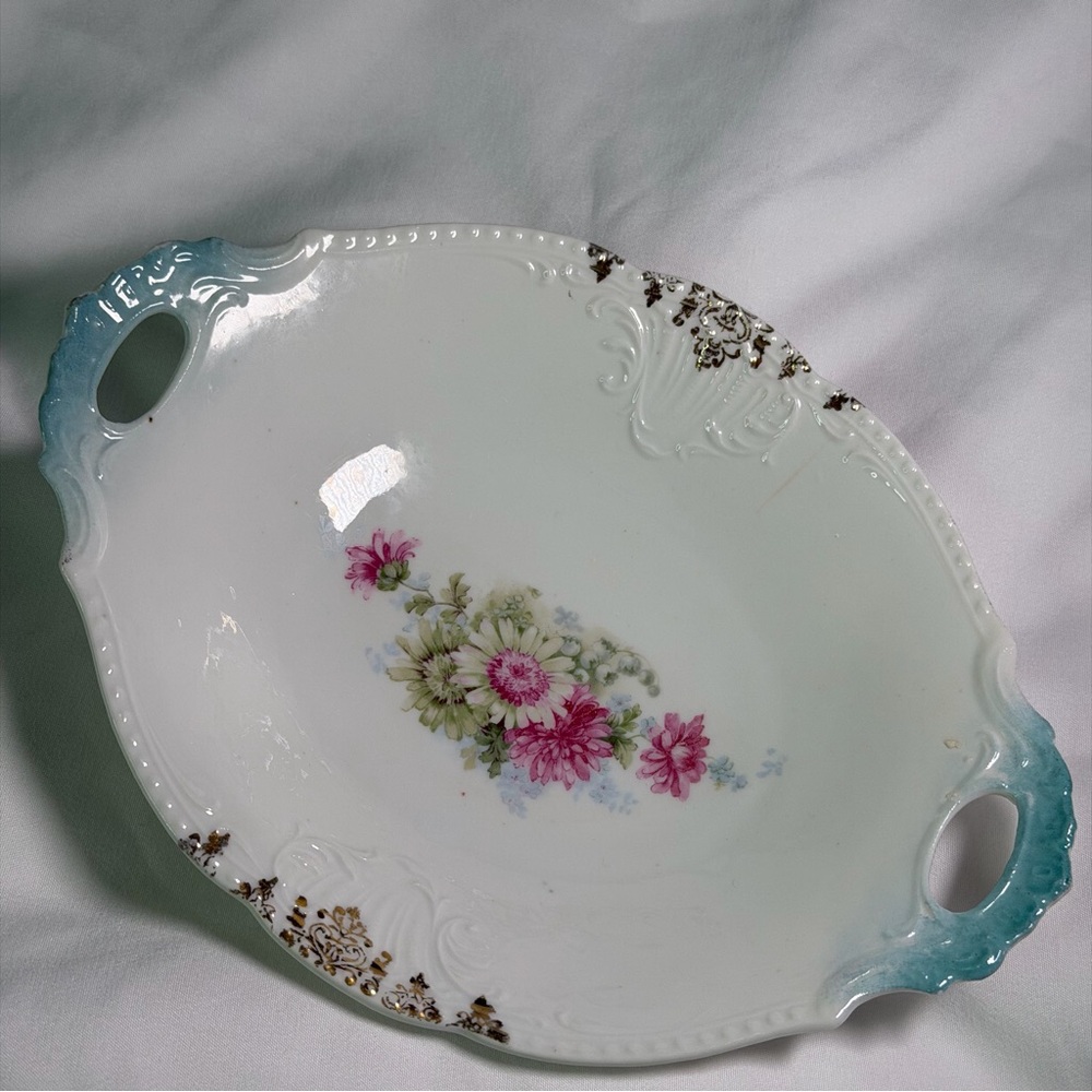 Antique Floral Gold Pattern Porcelain Oval Serving Platter W/ Aqua Blue Handles